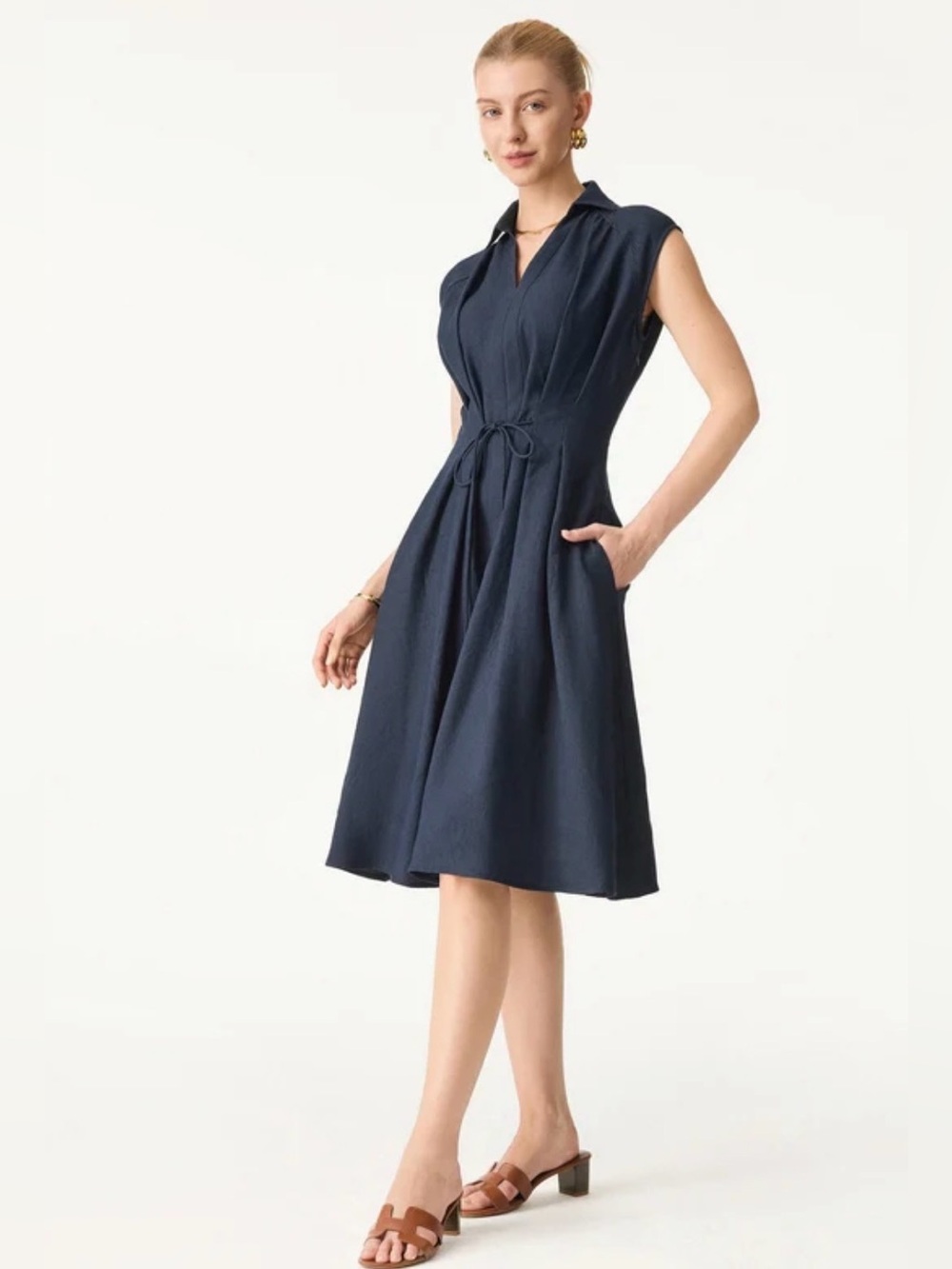 OGL Viscose-Linen Collared V-neck Midi Dress with Drawstring sz medium Black New